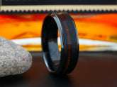 The Bentley | Black Tungsten Wedding Band with Offset Koa Wood Inlay